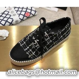 Good Quality Chanel Tweed Espadrilles Sneakers with Pearl Trim Black 102181