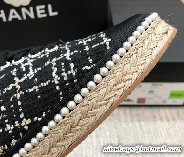 Good Quality Chanel Tweed Espadrilles Sneakers with Pearl Trim Black 102181