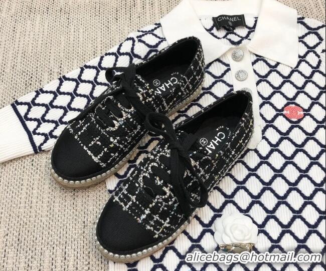 Good Quality Chanel Tweed Espadrilles Sneakers with Pearl Trim Black 102181