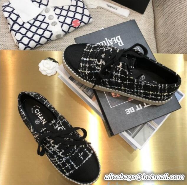 Good Quality Chanel Tweed Espadrilles Sneakers with Pearl Trim Black 102181