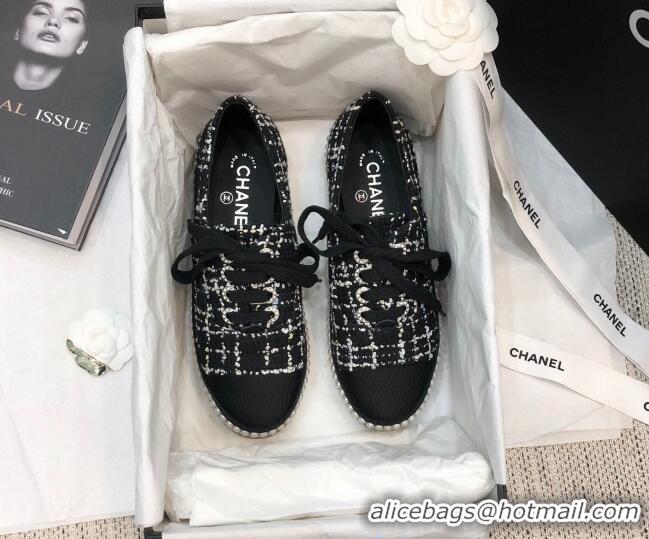 Good Quality Chanel Tweed Espadrilles Sneakers with Pearl Trim Black 102181