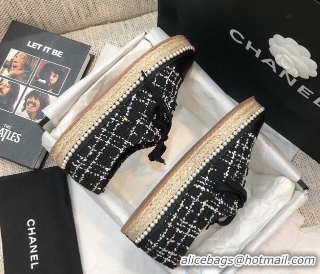 Good Quality Chanel Tweed Espadrilles Sneakers with Pearl Trim Black 102181