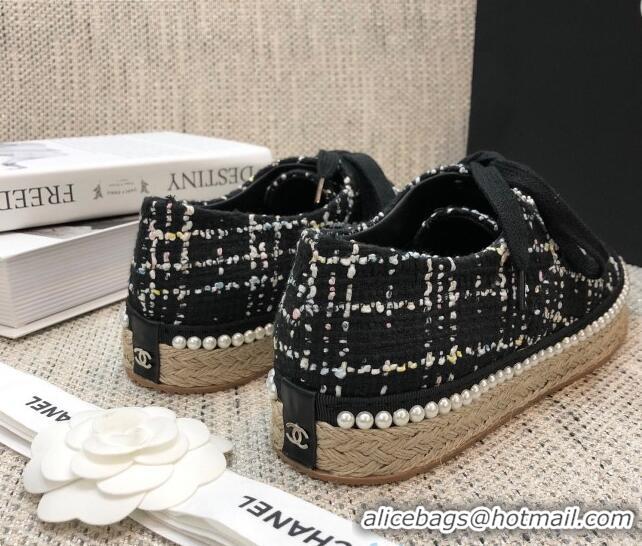 Good Quality Chanel Tweed Espadrilles Sneakers with Pearl Trim Black 102181