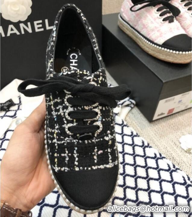 Good Quality Chanel Tweed Espadrilles Sneakers with Pearl Trim Black 102181