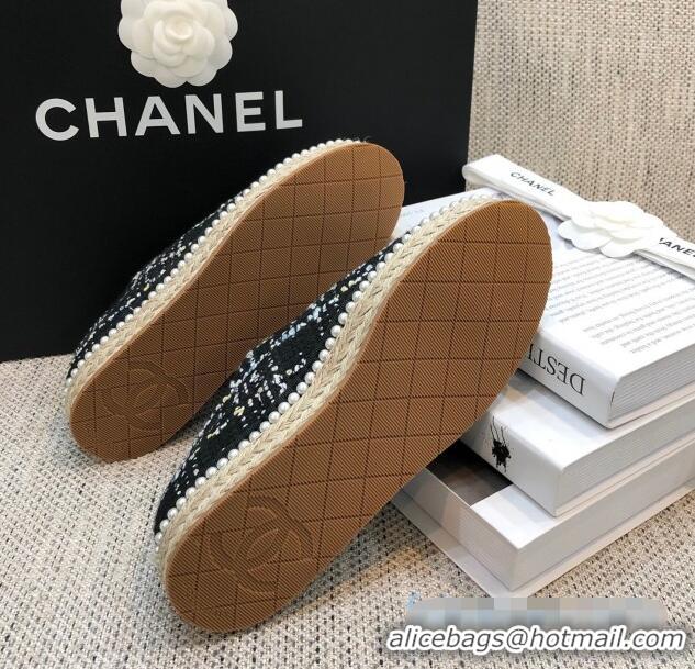 Good Quality Chanel Tweed Espadrilles Sneakers with Pearl Trim Black 102181