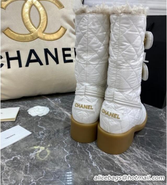 Feminine Chanel Quilted Fabric Wool Short Boots with Double CC Buckle 20102202 White 2020