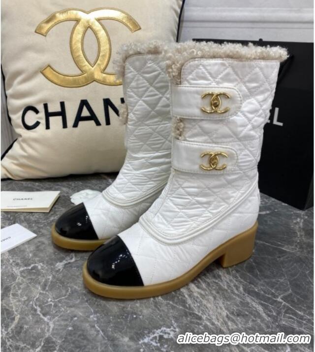 Feminine Chanel Quilted Fabric Wool Short Boots with Double CC Buckle 20102202 White 2020