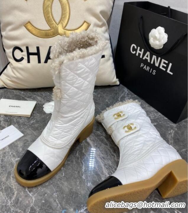 Feminine Chanel Quilted Fabric Wool Short Boots with Double CC Buckle 20102202 White 2020