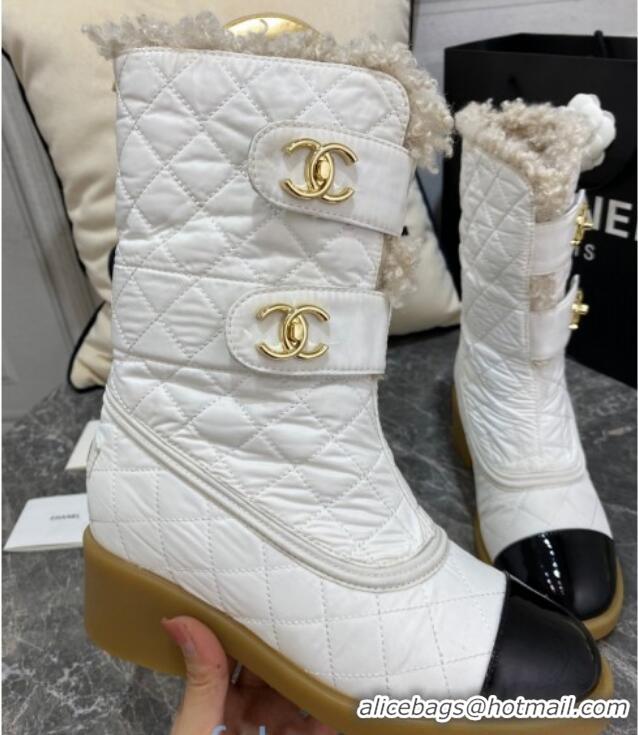 Feminine Chanel Quilted Fabric Wool Short Boots with Double CC Buckle 20102202 White 2020