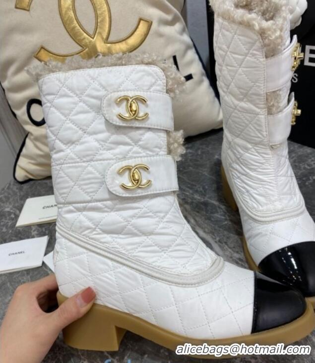 Feminine Chanel Quilted Fabric Wool Short Boots with Double CC Buckle 20102202 White 2020