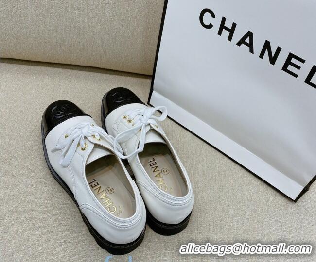 Popular Style Chanel Vintage Lambskin Lace-ups Brogue Shoes 02234 White 2020