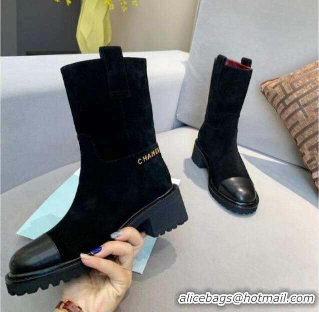 Best Grade Chanel Suede Short Ankle Boots with Double Straps G36749 Black 2020