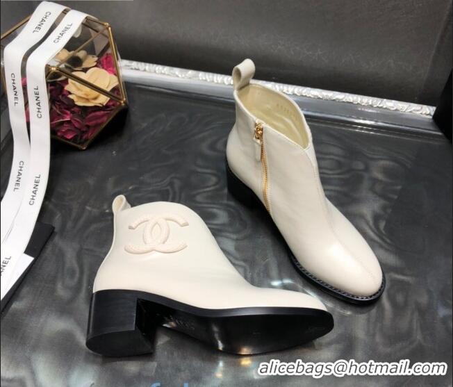 Top Quality Chanel Calfskin Chelsea Short Boots with CC Charm 102247 White 2020