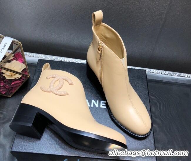 Most Popular Chanel Calfskin Chelsea Short Boots with CC Charm 102247 Apricot 2020