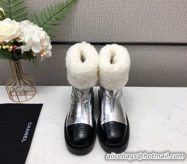 New Design Chanel Crinkle Patent Leather Wool Short Boots 20102401 Silver 2020