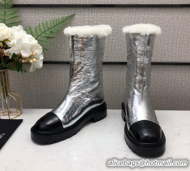 New Design Chanel Crinkle Patent Leather Wool Short Boots 20102401 Silver 2020