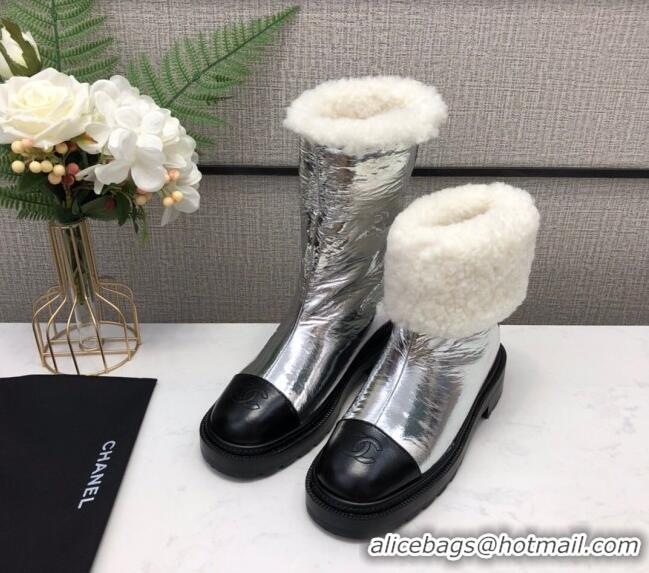 New Design Chanel Crinkle Patent Leather Wool Short Boots 20102401 Silver 2020