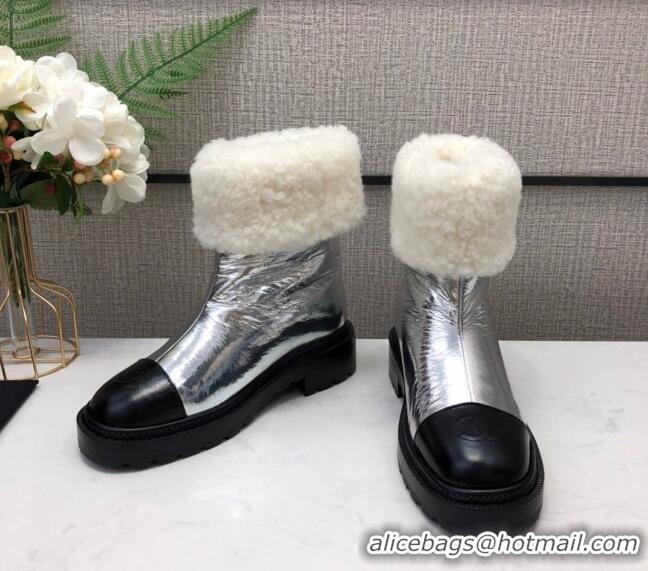 New Design Chanel Crinkle Patent Leather Wool Short Boots 20102401 Silver 2020