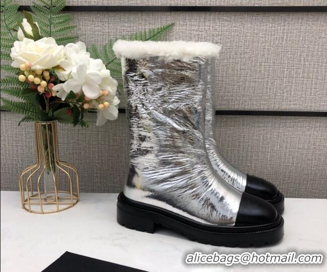 New Design Chanel Crinkle Patent Leather Wool Short Boots 20102401 Silver 2020