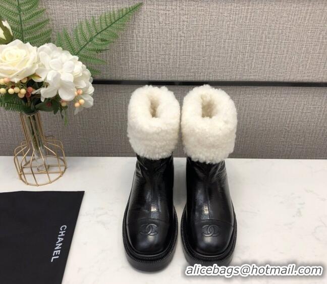 Super Quality Chanel Crinkle Patent Leather Wool Short Boots 20102401 Black 2020