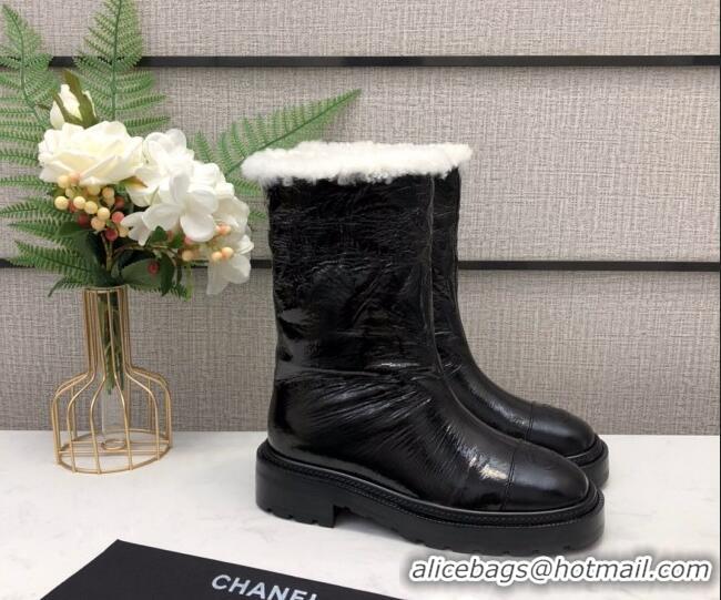 Super Quality Chanel Crinkle Patent Leather Wool Short Boots 20102401 Black 2020