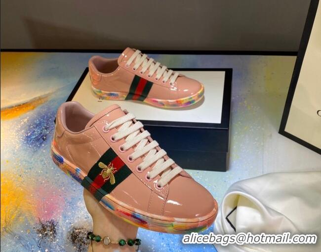 Good Looking Gucci Ace Patent Leather Sneakers with Luminous Print Sole 102448 Light Pink 