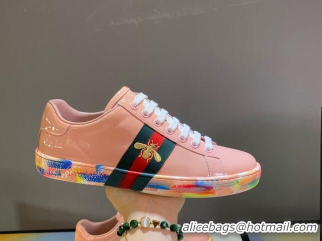 Good Looking Gucci Ace Patent Leather Sneakers with Luminous Print Sole 102448 Light Pink 