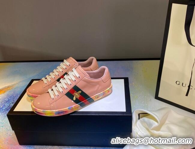 Good Looking Gucci Ace Patent Leather Sneakers with Luminous Print Sole 102448 Light Pink 