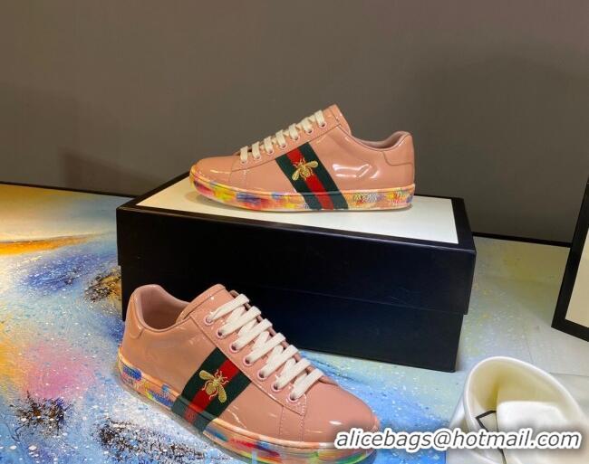 Good Looking Gucci Ace Patent Leather Sneakers with Luminous Print Sole 102448 Light Pink 