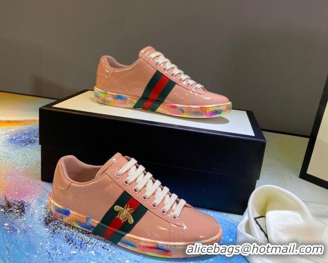 Good Looking Gucci Ace Patent Leather Sneakers with Luminous Print Sole 102448 Light Pink 