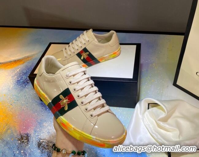 Unique Style Gucci Ace Patent Leather Sneakers with Luminous Print Sole 102448 White