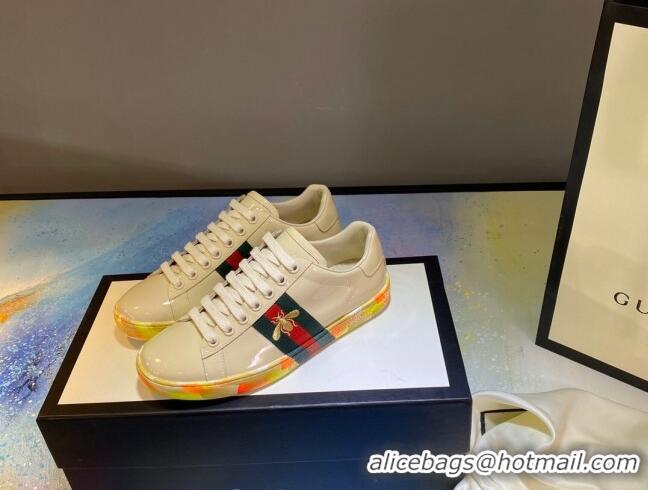 Unique Style Gucci Ace Patent Leather Sneakers with Luminous Print Sole 102448 White