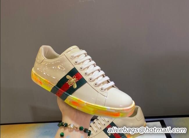 Unique Style Gucci Ace Patent Leather Sneakers with Luminous Print Sole 102448 White