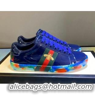 Best Price Gucci Ace Patent Leather Sneakers with Luminous Print Sole 102448 Navy Blue