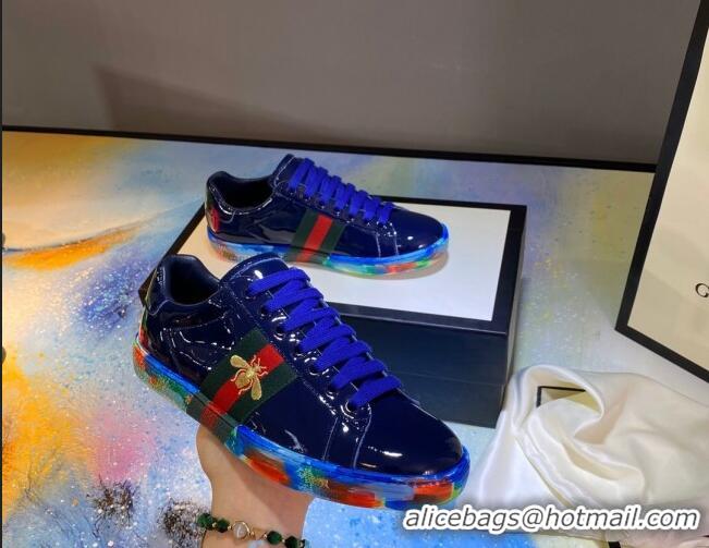 Best Price Gucci Ace Patent Leather Sneakers with Luminous Print Sole 102448 Navy Blue