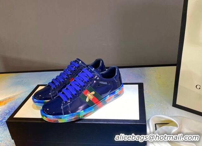 Best Price Gucci Ace Patent Leather Sneakers with Luminous Print Sole 102448 Navy Blue