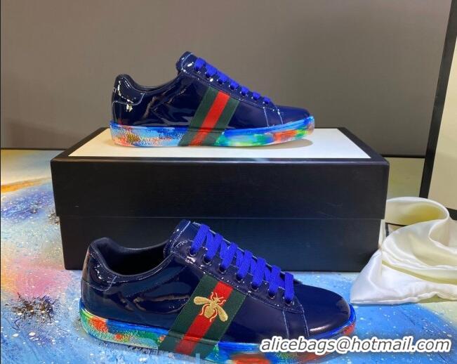 Best Price Gucci Ace Patent Leather Sneakers with Luminous Print Sole 102448 Navy Blue