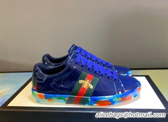 Best Price Gucci Ace Patent Leather Sneakers with Luminous Print Sole 102448 Navy Blue