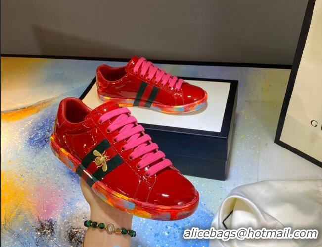 Best Quality Gucci Ace Patent Leather Sneakers with Luminous Print Sole 102448 Red