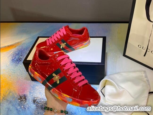 Best Quality Gucci Ace Patent Leather Sneakers with Luminous Print Sole 102448 Red