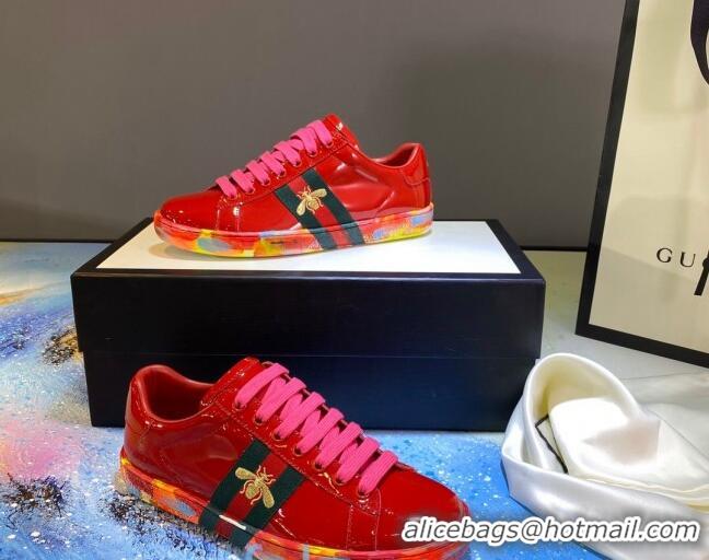 Best Quality Gucci Ace Patent Leather Sneakers with Luminous Print Sole 102448 Red