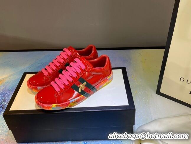 Best Quality Gucci Ace Patent Leather Sneakers with Luminous Print Sole 102448 Red