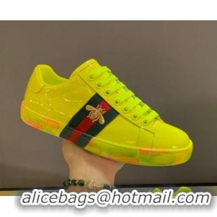 Fashion Gucci Ace Patent Leather Sneakers with Luminous Print Sole 102448 Yellow