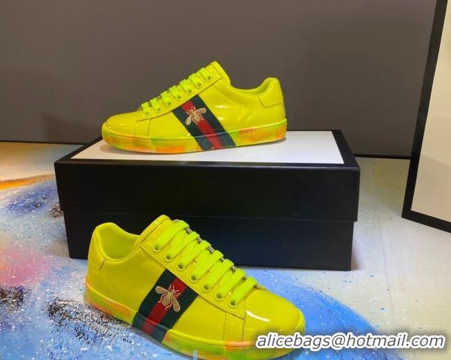 Fashion Gucci Ace Patent Leather Sneakers with Luminous Print Sole 102448 Yellow