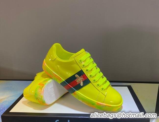 Fashion Gucci Ace Patent Leather Sneakers with Luminous Print Sole 102448 Yellow