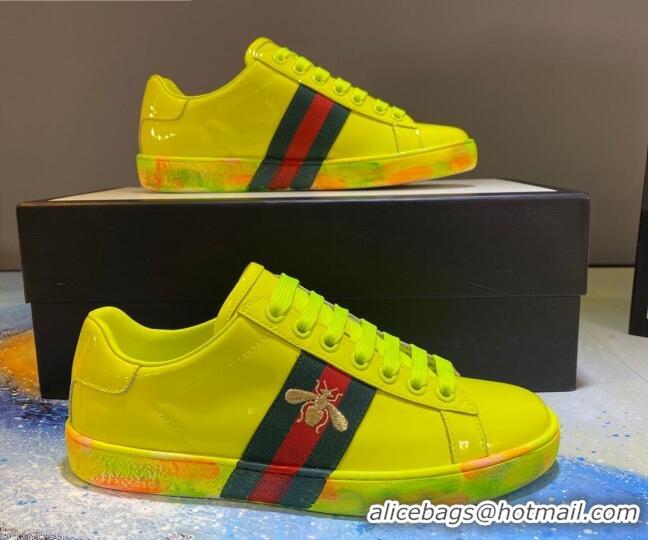 Fashion Gucci Ace Patent Leather Sneakers with Luminous Print Sole 102448 Yellow