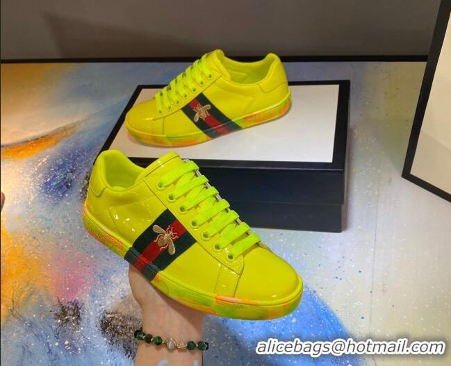 Fashion Gucci Ace Patent Leather Sneakers with Luminous Print Sole 102448 Yellow