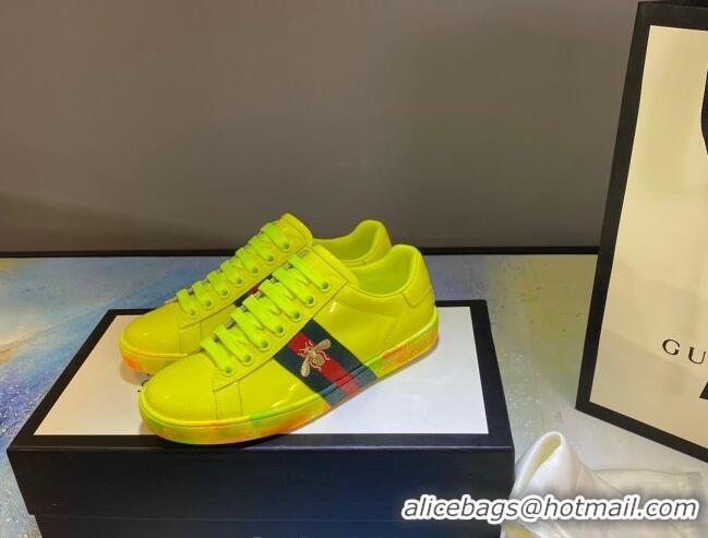 Fashion Gucci Ace Patent Leather Sneakers with Luminous Print Sole 102448 Yellow