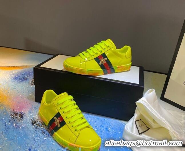 Fashion Gucci Ace Patent Leather Sneakers with Luminous Print Sole 102448 Yellow