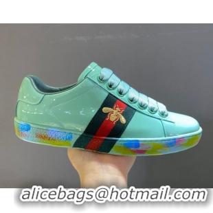 Refined Gucci Ace Patent Leather Sneakers with Luminous Print Sole 102448 Light Green